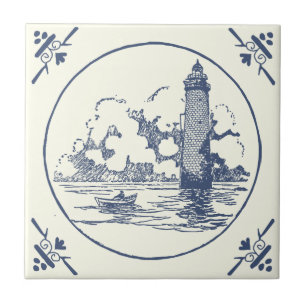 Azulejo Faro de barco clásico del mar azul de época en mar