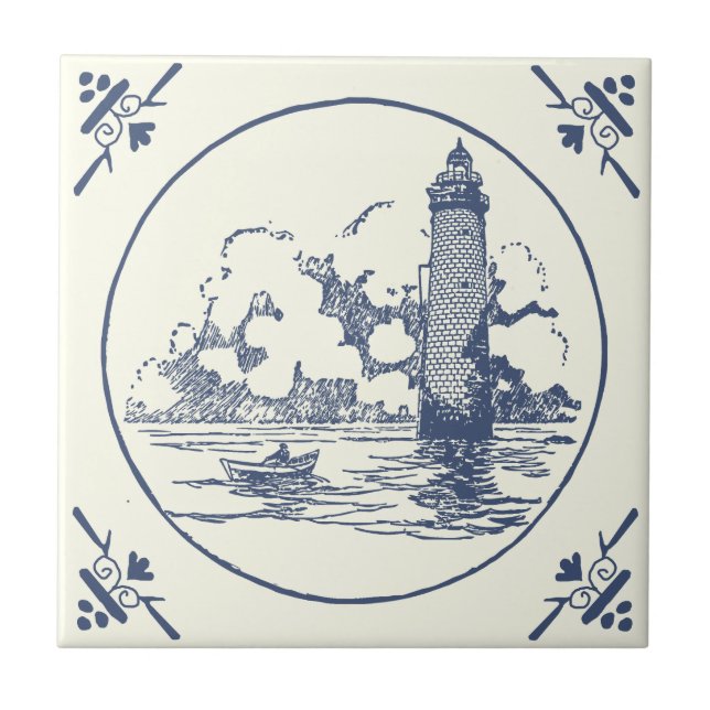 Azulejo Faro de barco clásico del mar azul de época en mar (Frente)