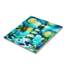 Faro tropical y palmeras impresionistas