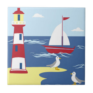 Azulejo Faro y Barco Cute Arte Costero