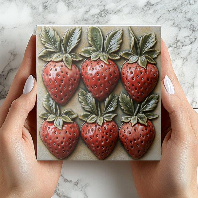 Azulejo Faux 3D Strawberry Vintage Ceramic Tile Print (Faux 3D Vintage Strawberries Ceramic Tile - Kitchen Backsplash or Shower Favors)