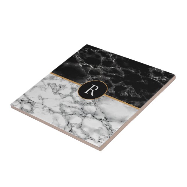 Azulejo Faux Black White Marble Monograma Tu carta (Lado)