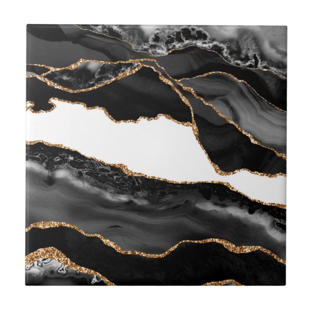 Azulejo Faux Marled Agate Black Stylish Stone Luxury Gold (Frente)