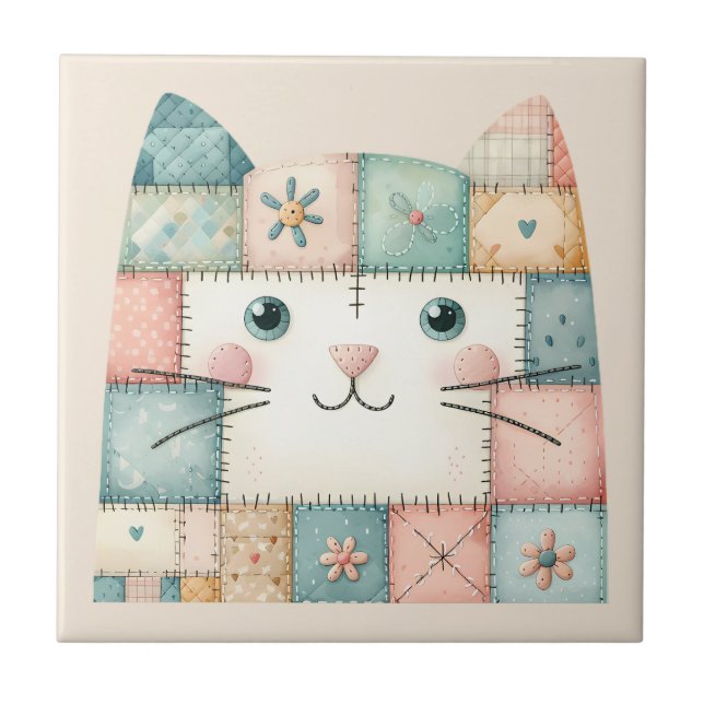 Azulejo Faux Patchwork Pastel Cottage Kitty Face (Frente)