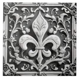 Azulejo Faux Relief Black and White Fleur de Lis