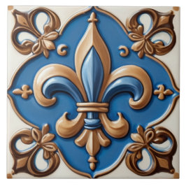 Azulejo Faux Relief Blue & Gold Fleur de Lis