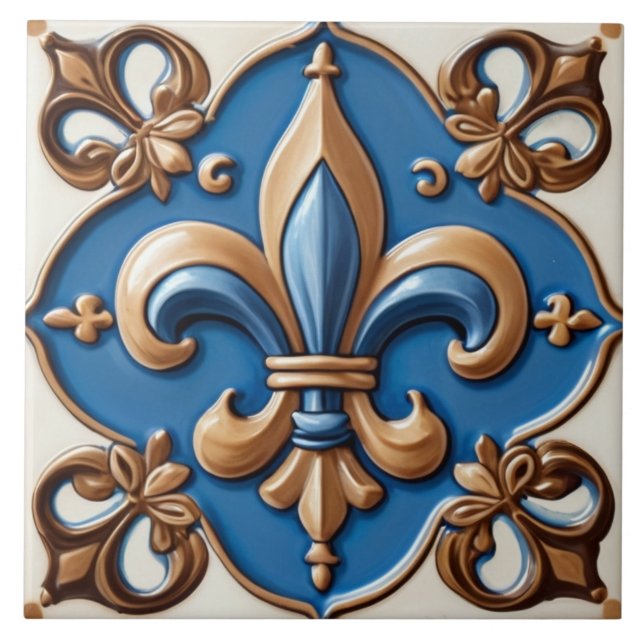 Azulejo Faux Relief Blue & Gold Fleur de Lis (Frente)