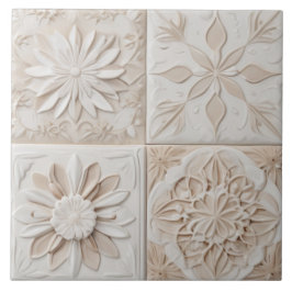 Azulejo Faux Relief Pastel Beige & White Resumen Floral