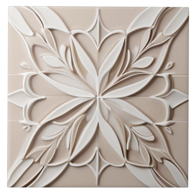 Azulejo Faux Relief Pastel Beige & White Resumen Floral (Frente)