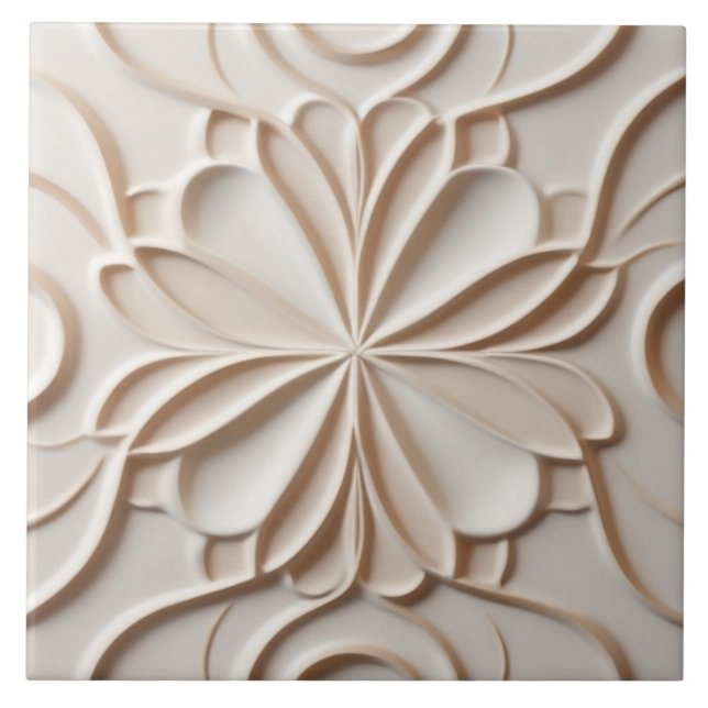 Azulejo Faux Relief Pastel Beige & White Resumen Floral (Frente)