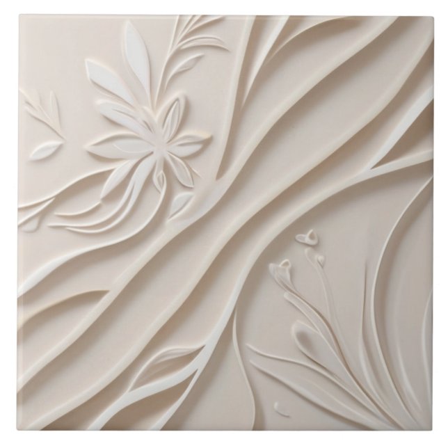 Azulejo Faux Relief Pastel Beige & White Resumen Floral (Frente)