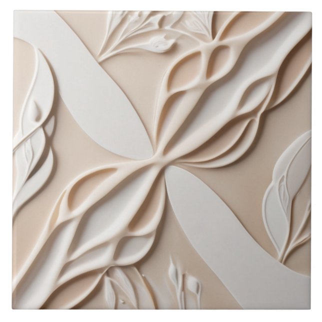 Azulejo Faux Relief Pastel Beige & White Resumen Floral (Frente)