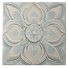 Azulejo Faux Relief Pastel Mint Blue & White Floral