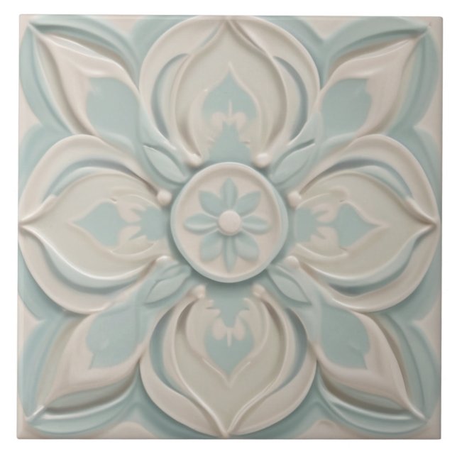 Azulejo Faux Relief Pastel Mint Blue & White Floral (Frente)