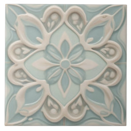 Azulejo Faux Relief Pastel Mint Blue & White Floral