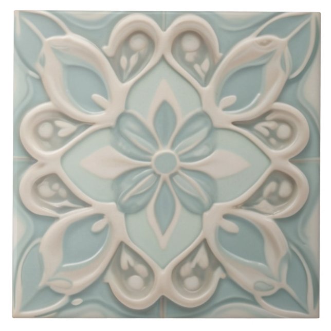 Azulejo Faux Relief Pastel Mint Blue & White Floral (Frente)