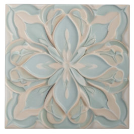 Azulejo Faux Relief Pastel Mint Blue & White Floral