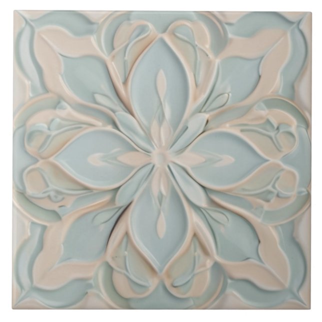 Azulejo Faux Relief Pastel Mint Blue & White Floral (Frente)
