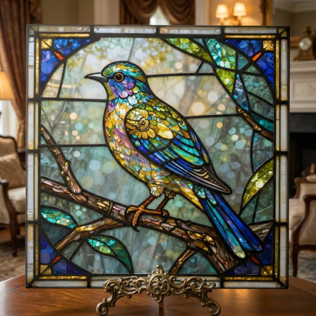 Azulejo Faux Stained Glass Colorful Bird Mosaic Nature Art (Subido por el creador)