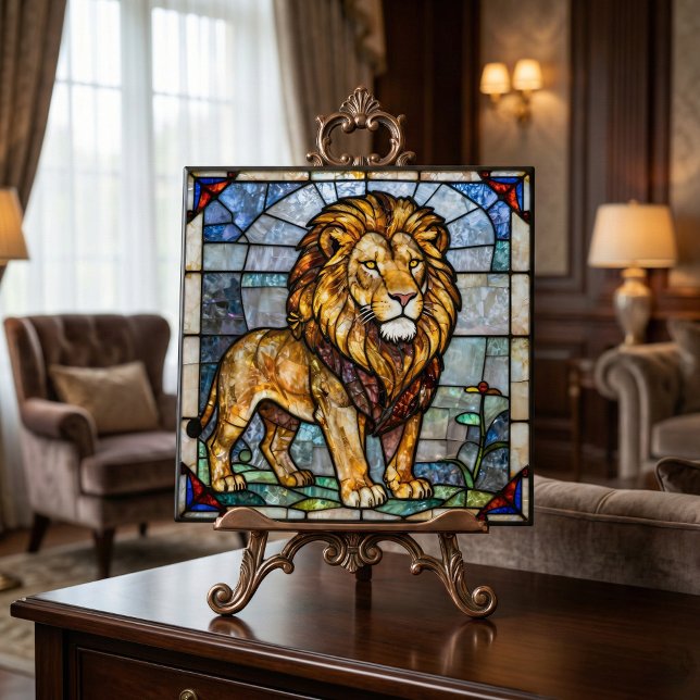 Azulejo Faux Stained Glass Majestic Lion Mosaic Art (Subido por el creador)