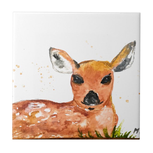 Azulejo Fawn acuarela de los animales de bosque de bosque  (Frente)