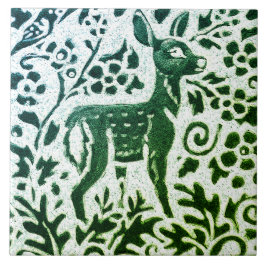 Azulejo Fawn Deer Batik moderno Floral azul verde Woodland