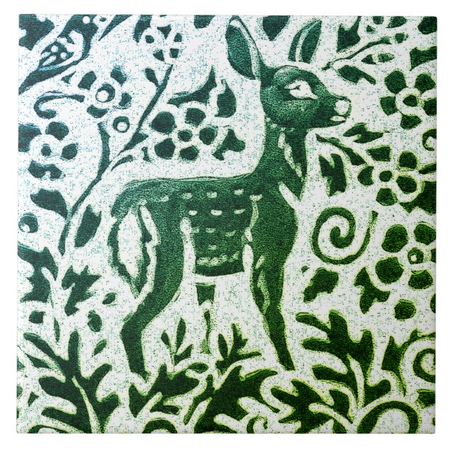 Azulejo Fawn Deer Batik moderno Floral azul verde Woodland (Frente)