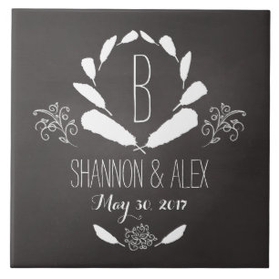 Azulejo Feather Chalkboard Monograma Fecha Boda