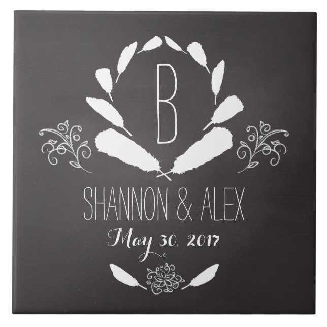 Azulejo Feather Chalkboard Monograma Fecha Boda (Frente)