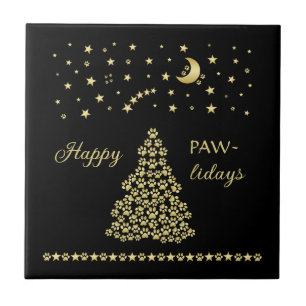 Azulejo Felices Pawlidays, árbol de navidad Gold brillante
