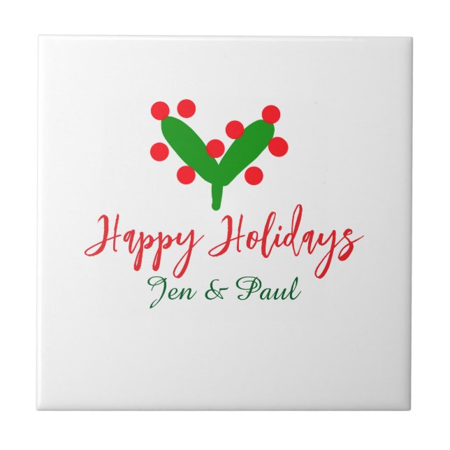 Azulejo Felices vacaciones verde pareja roja nombre hoja v (Frente)