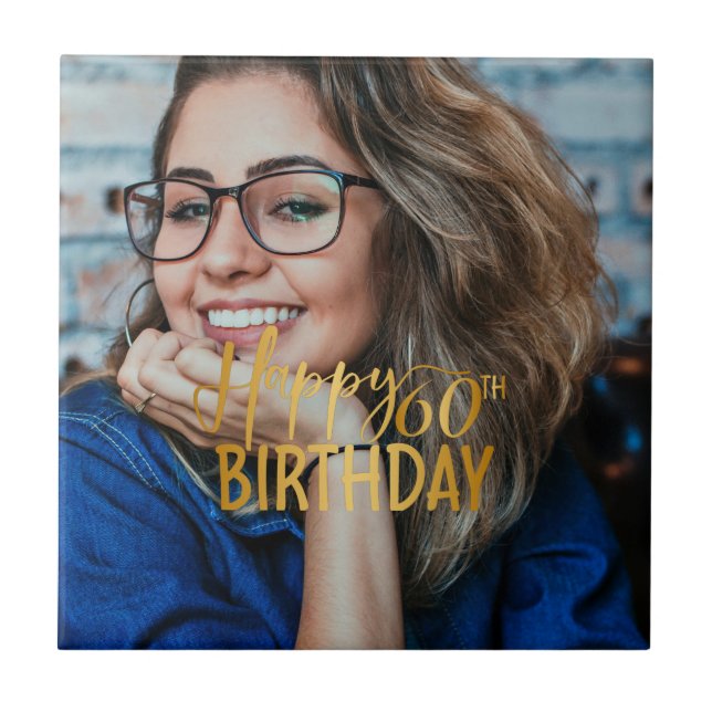 Azulejo Feliz 60 aniversario Script de foto personalizada (Frente)