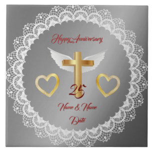 Azulejo Feliz Aniversario de Encaje de Plata Personalizado