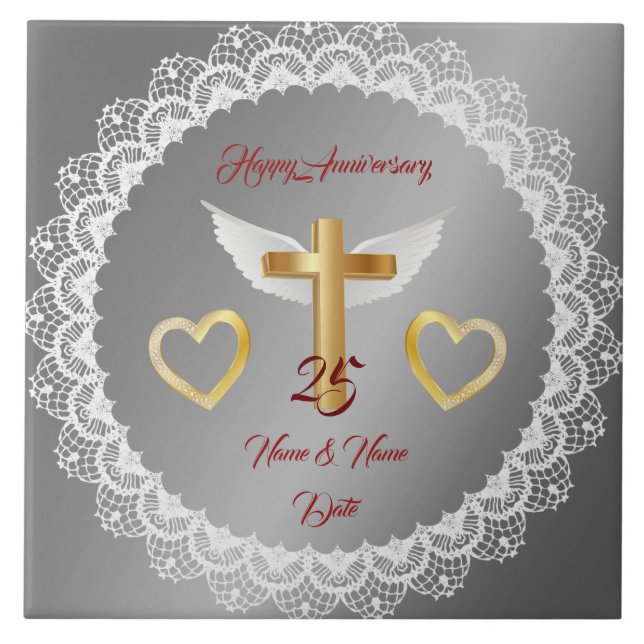 Azulejo Feliz Aniversario de Encaje de Plata Personalizado (Frente)