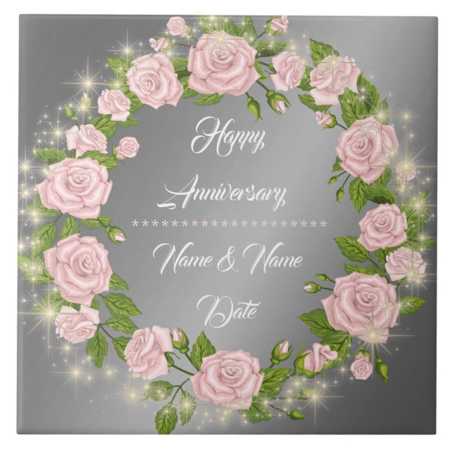 Azulejo Feliz Aniversario de Rosa de Plata Personalizada (Frente)