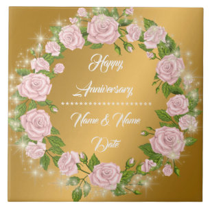 Azulejo Feliz Aniversario de Rosa Dorada Personalizada