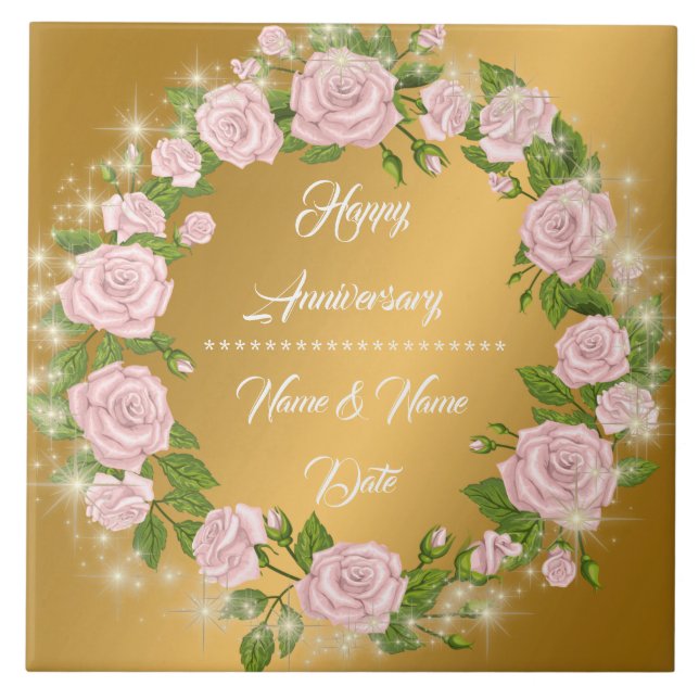 Azulejo Feliz Aniversario de Rosa Dorada Personalizada (Frente)