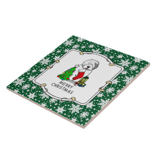 Azulejo Feliz Árbol de Navidad 2 viejo perro de oveja ingl