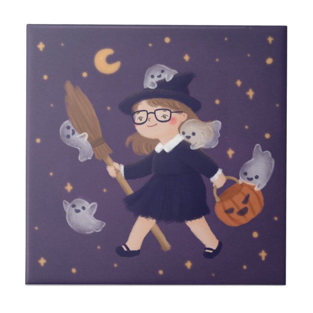 Azulejo Feliz Bruja de Halloween y fantasmas (Frente)