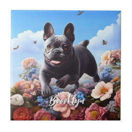 Azulejo Feliz Bulldog y flores azules de Francia