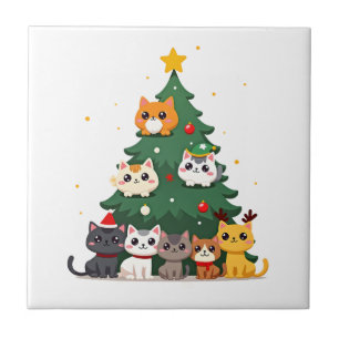 Azulejo Feliz Catmas Árbol de Navidad Divertido, Gatos Meo