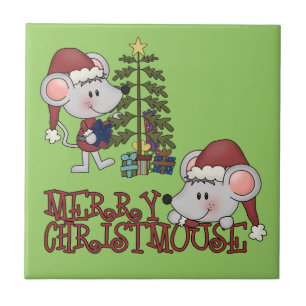 Azulejo Feliz Christmouse con el árbol