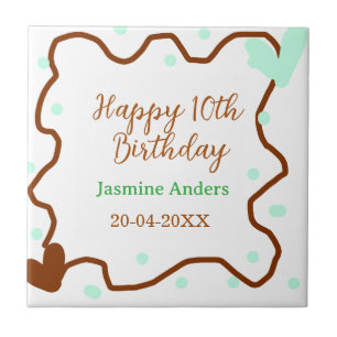 Azulejo Feliz cumpleaños 10 verde pastel marrón borde span
