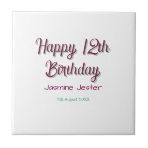 Azulejo feliz cumpleaños 12 verde rosa nombre fecha simple