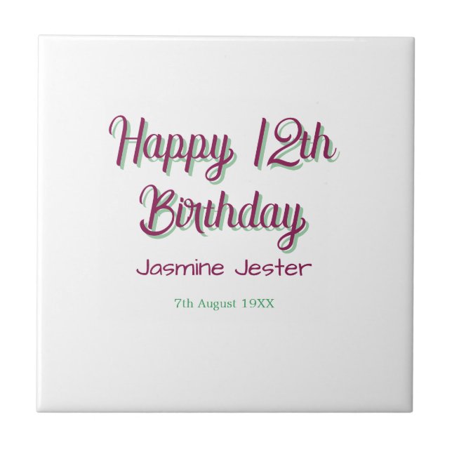 Azulejo feliz cumpleaños 12 verde rosa nombre fecha simple (Frente)