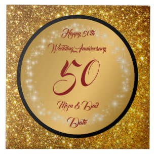 Azulejo Feliz Cumpleaños Dorado Brillante 50 Aniversario