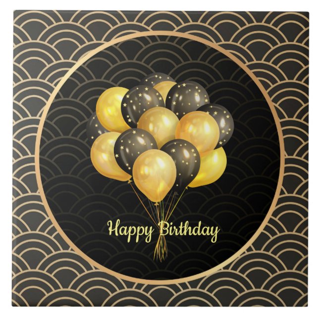 Azulejo Feliz cumpleaños, elegante negro y oro, (Frente)