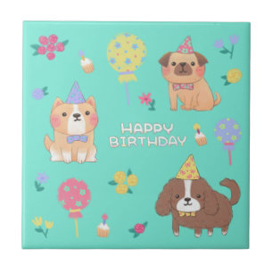 Azulejo Feliz cumpleaños: perros, globos y flores