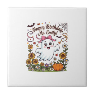 Azulejo Feliz Cumpleaños Sra Emily Fantasma de Halloween C
