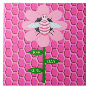 Azulejo Feliz Día de la Abeja Chica Pink Birthday Bumblebe